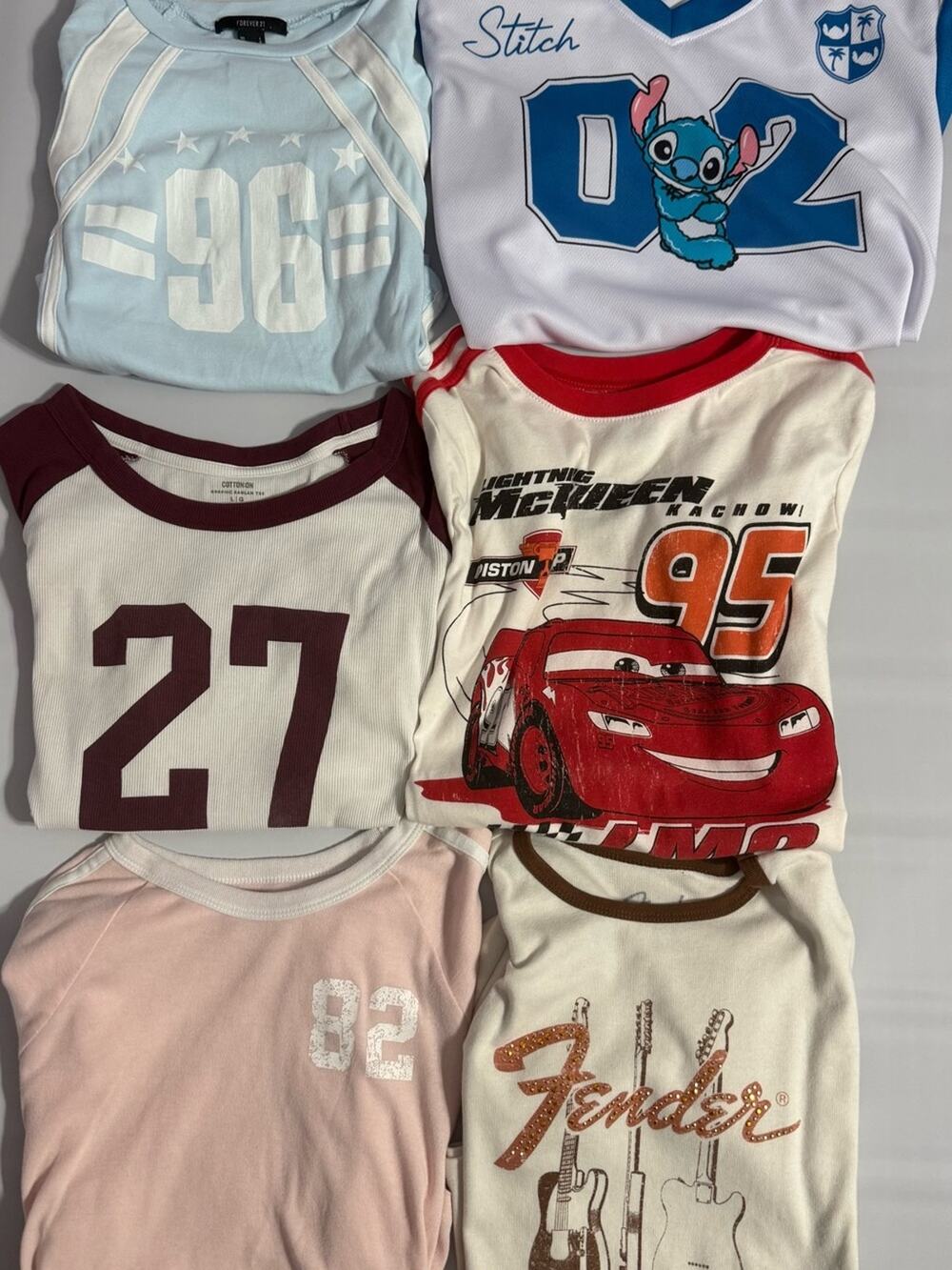 Girls Graphic Tee Bundle Lot Large Disney Stitch Cars Fender Y2K  Shirts